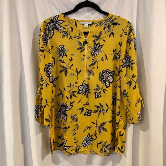 Counterparts Yellow Chiffon Floral Blouse w/ Zipper size Small - Picture 4 of 10